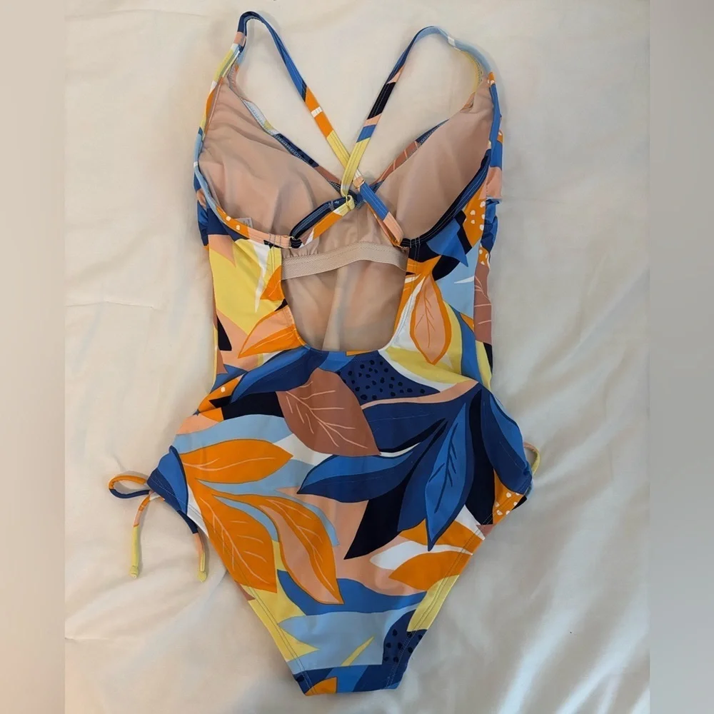 Kona Sol Tropical Floral Print One-Piece Swimsuit Orange Blue